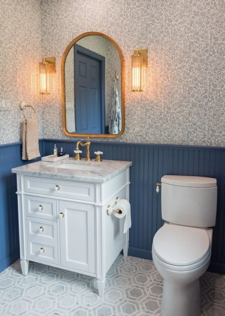 Elegant bathroom remodel with warm finishes and artisan tile by Armitage Interiors in Doylestown, PA
